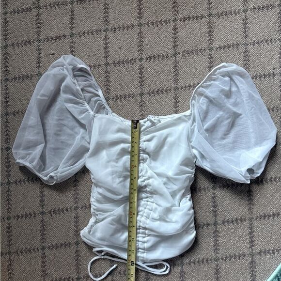 Emory Park white off the shoulder ruched bodycon top with puff sleeves S - Picture 3 of 11